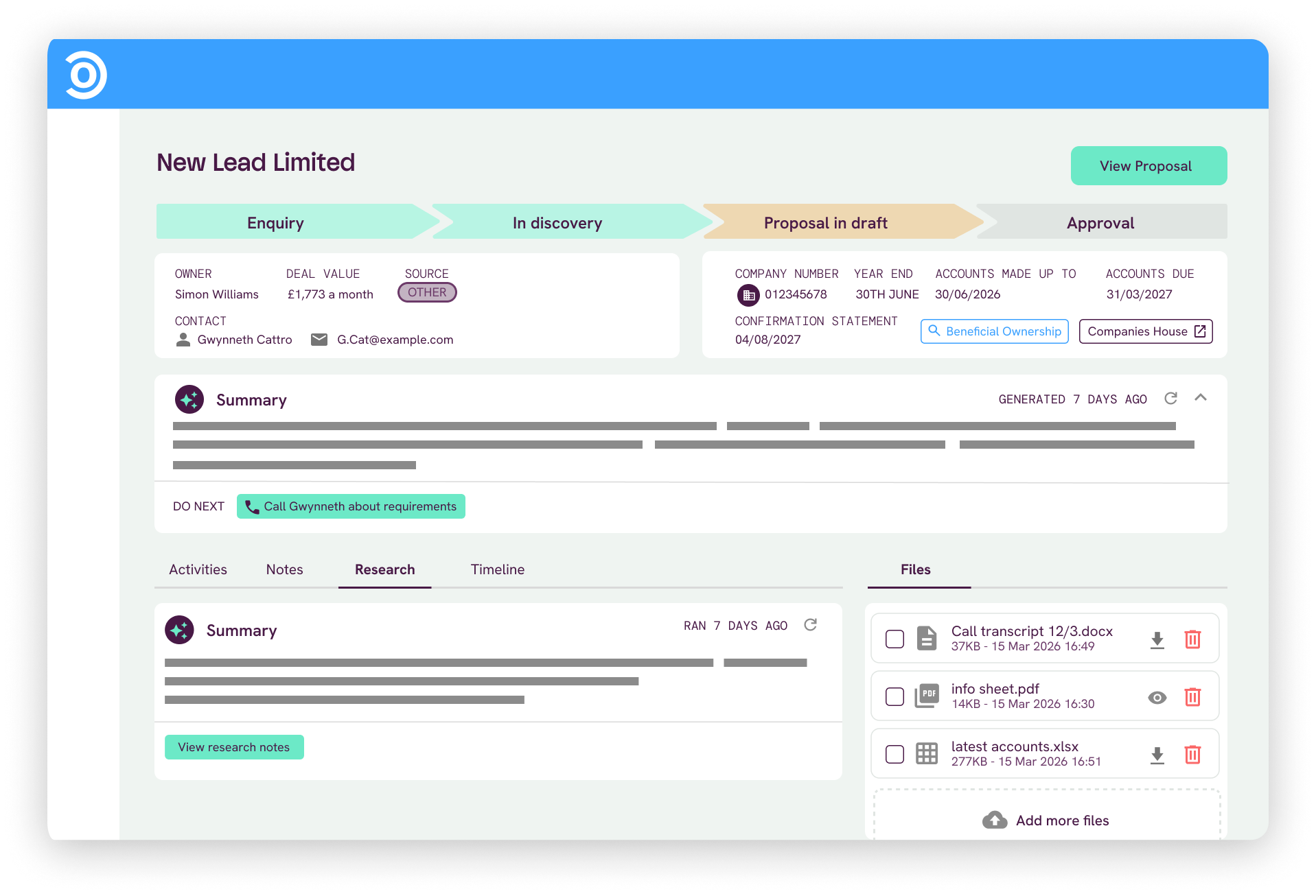 A lead detail view with an AI-generated summary, a research tab, Companies House filing dates, and attached files including a call transcript