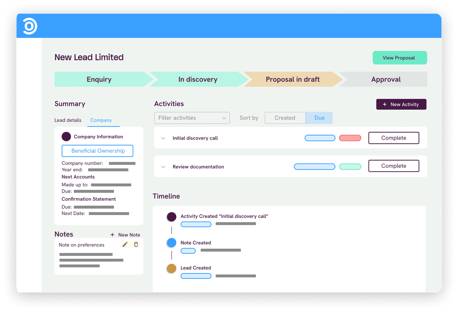 A lead detail view with activity log, tasks, and due dates