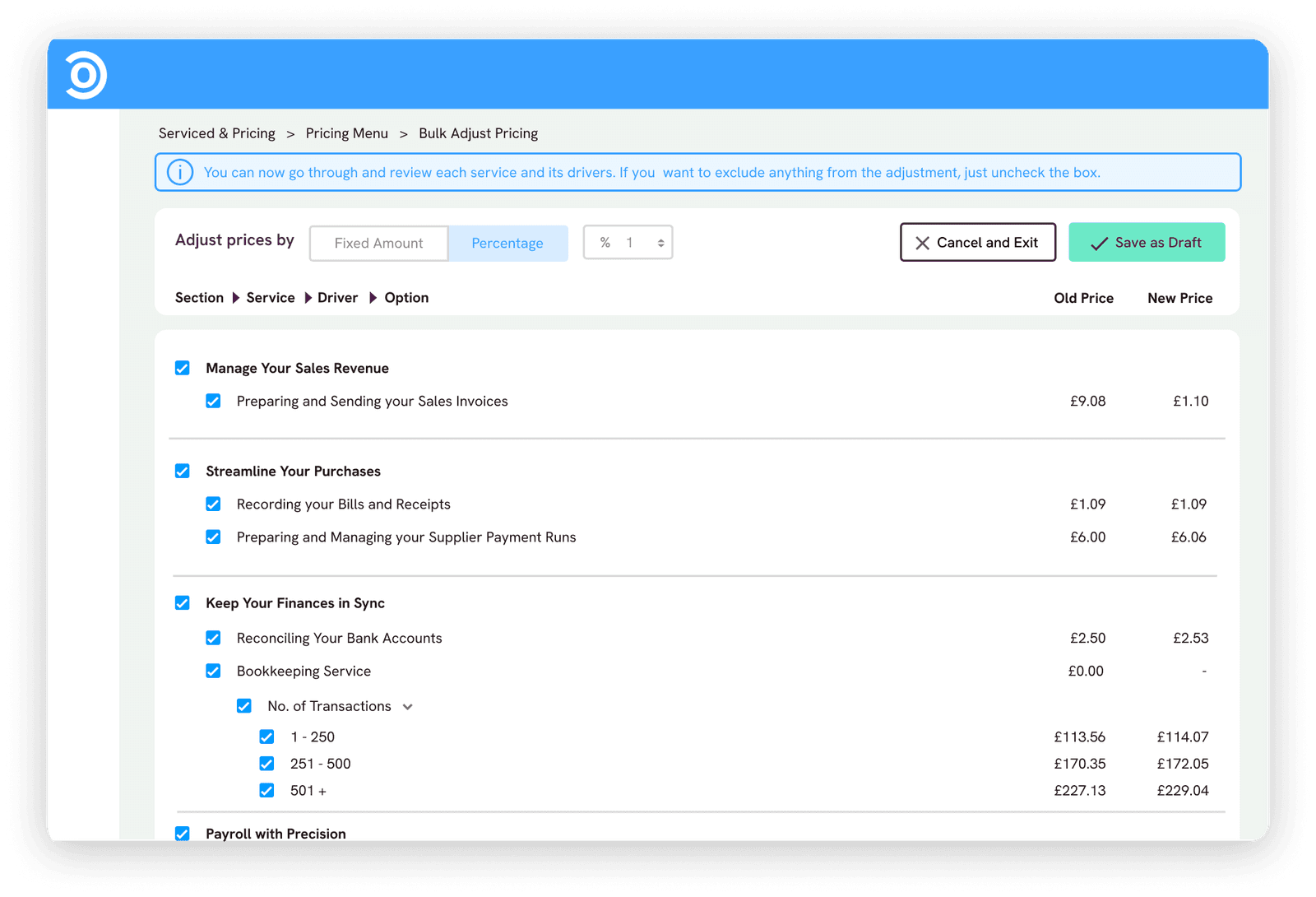 Bulk-adjusting proposals by selecting multiple clients to re-price at once