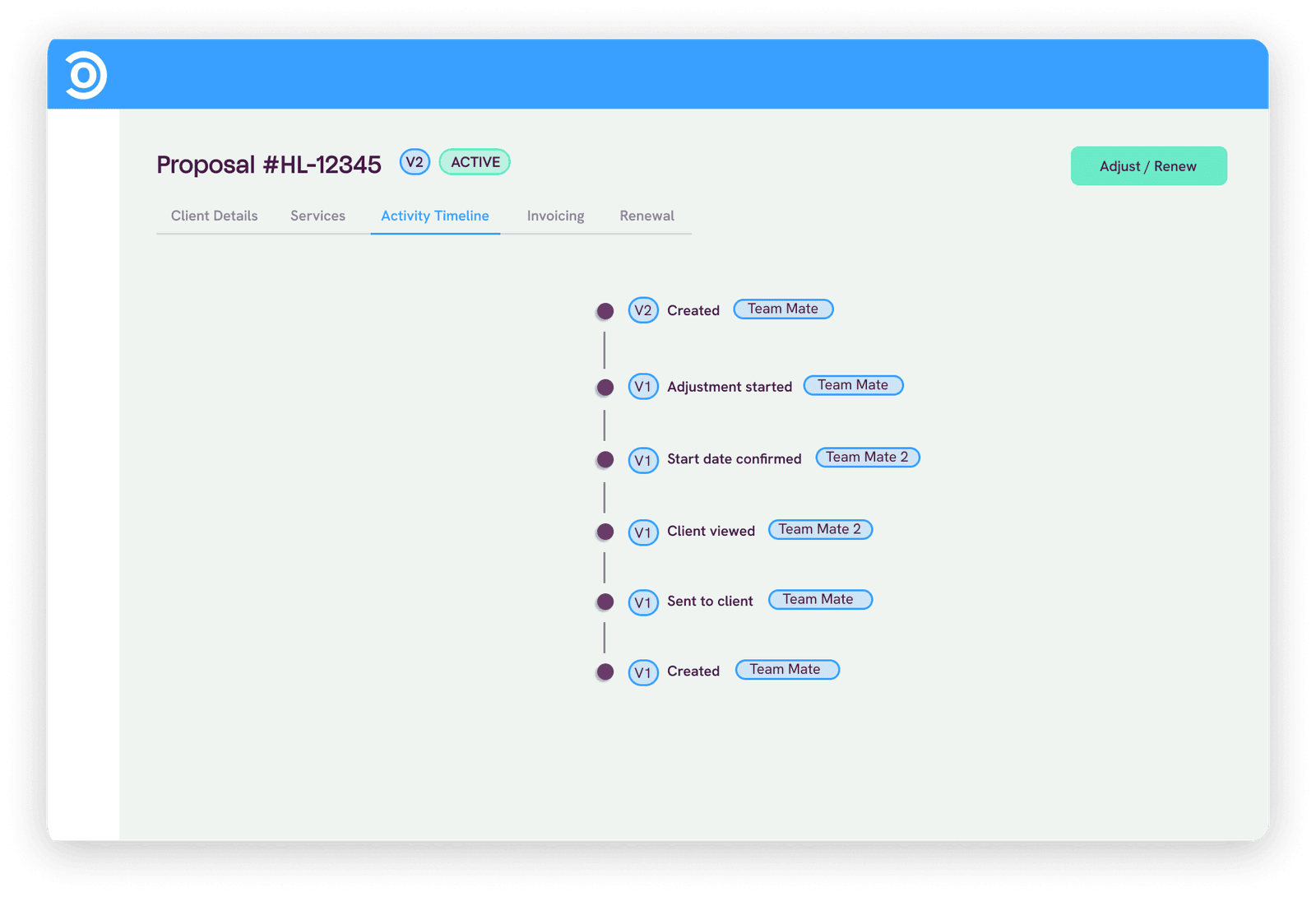 A proposal activity timeline showing viewed and accepted statuses