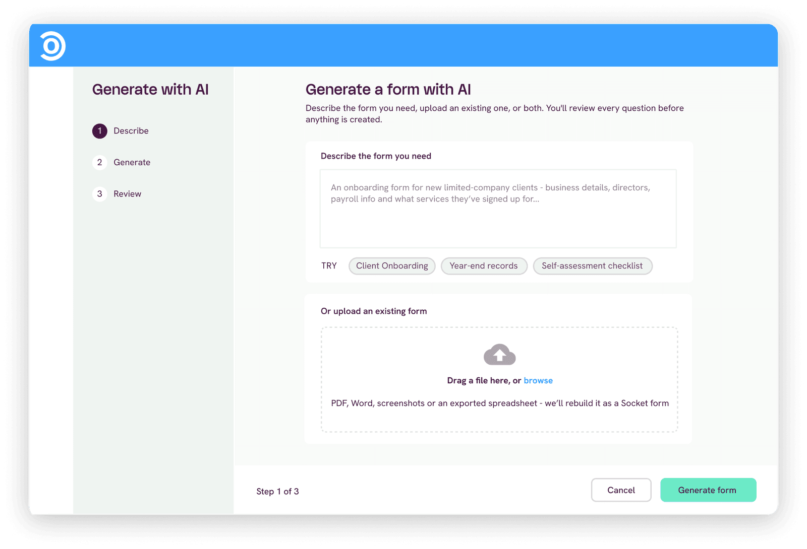 Generating a branded form with AI in the Socket form builder
