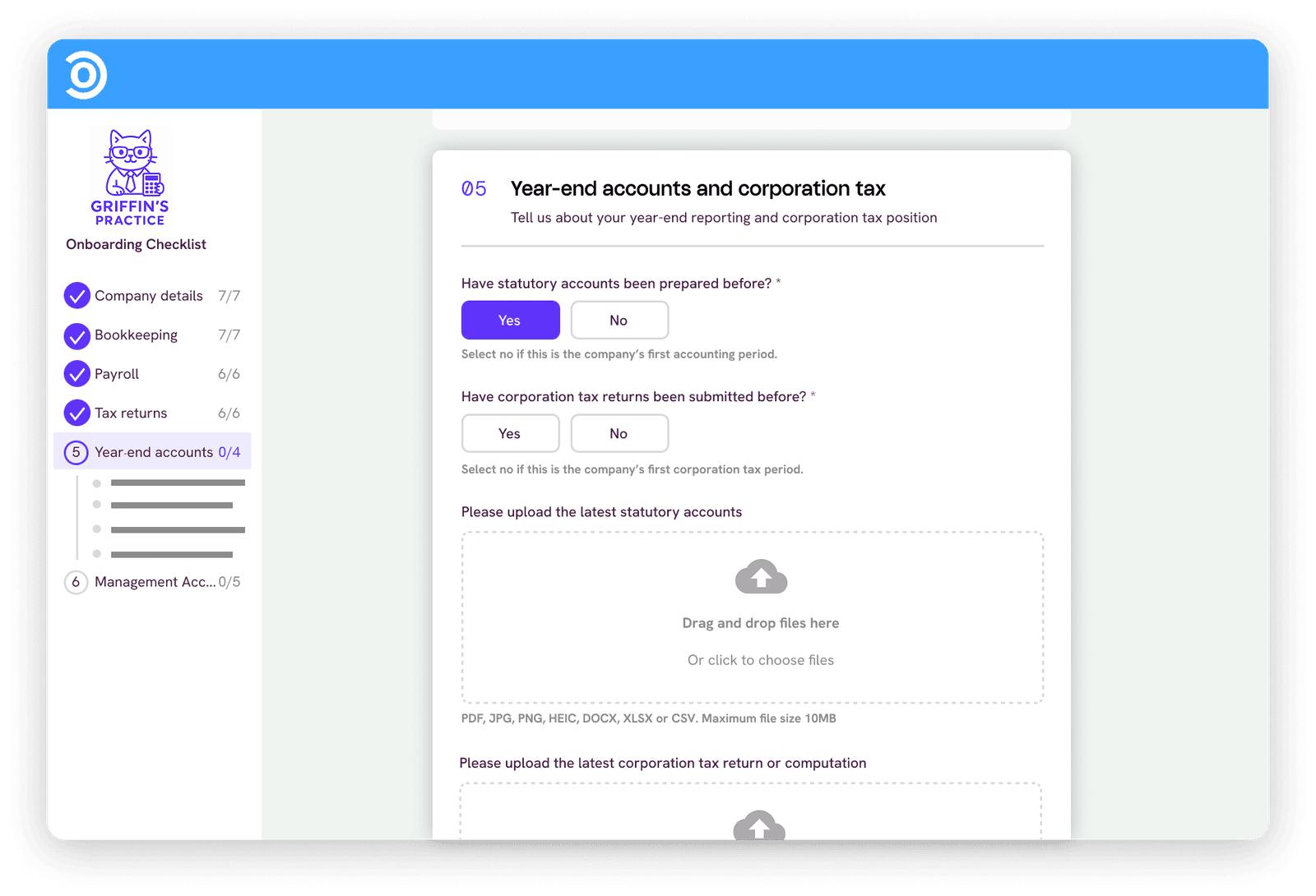 An example onboarding form collecting client details and documents